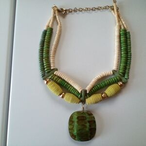 Chico's Green and Cream Necklace with Textured Pendant